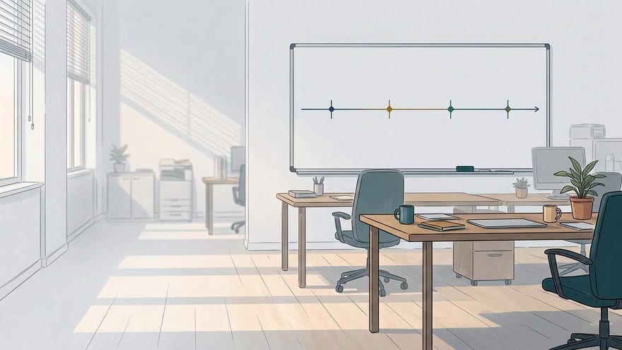 The opening scene of the scenario: an empty office with a four-point timeline drawn on a whiteboard.